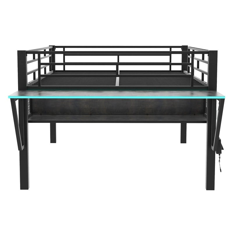 Lit mezzanine moyen de jeu double/complet avec bureau de jeu et lumières LED, cadre de lit mezzanine bas en métal avec échelle pour enfants et adolescents