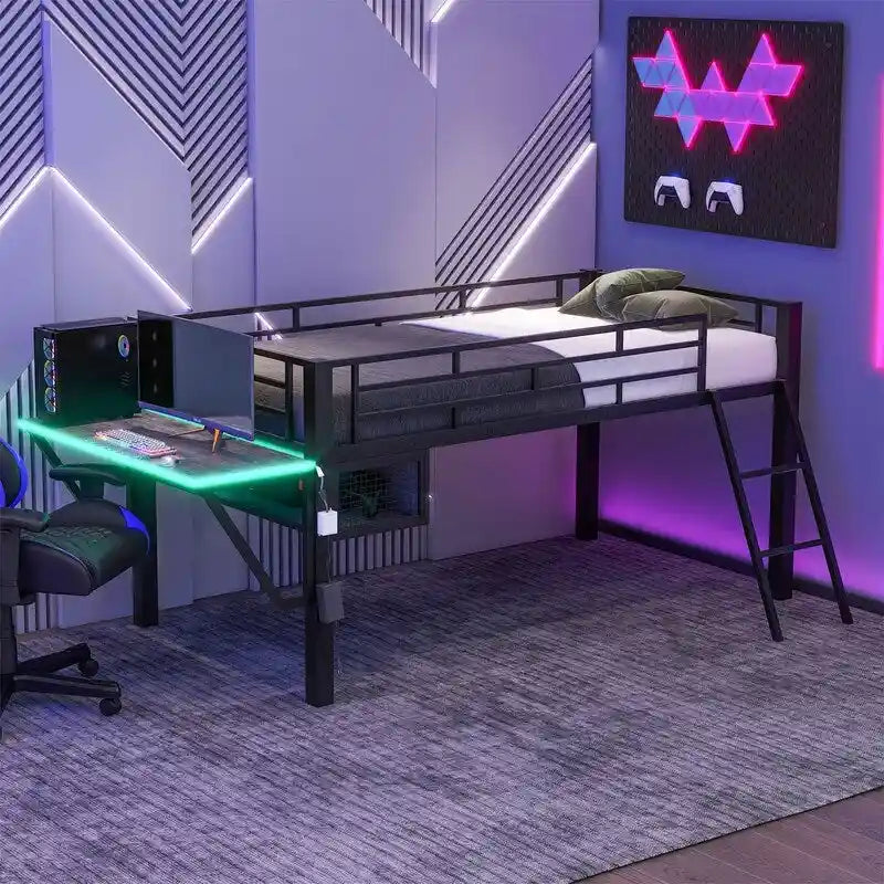 Lit mezzanine moyen de jeu double/complet avec bureau de jeu et lumières LED, cadre de lit mezzanine bas en métal avec échelle pour enfants et adolescents