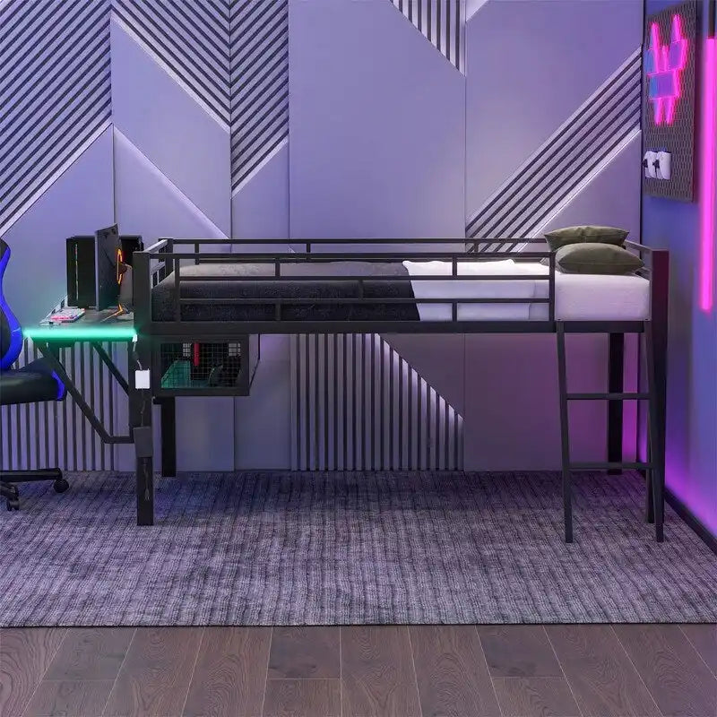 Lit mezzanine moyen de jeu double/complet avec bureau de jeu et lumières LED, cadre de lit mezzanine bas en métal avec échelle pour enfants et adolescents