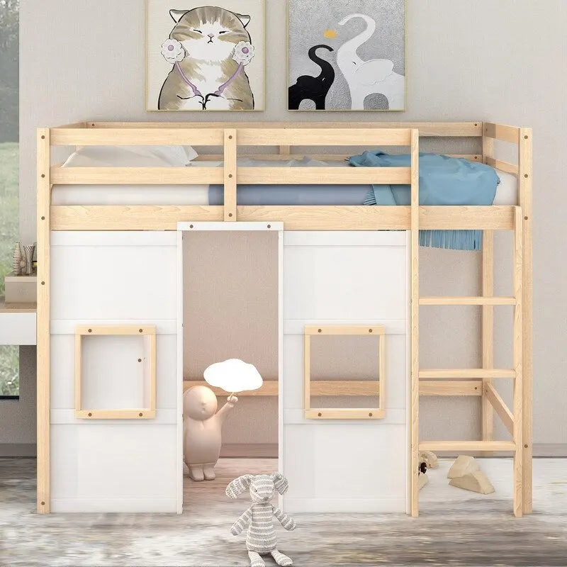 Lit mezzanine double en bois avec armoire de rangement intégrée et 2 fenêtres