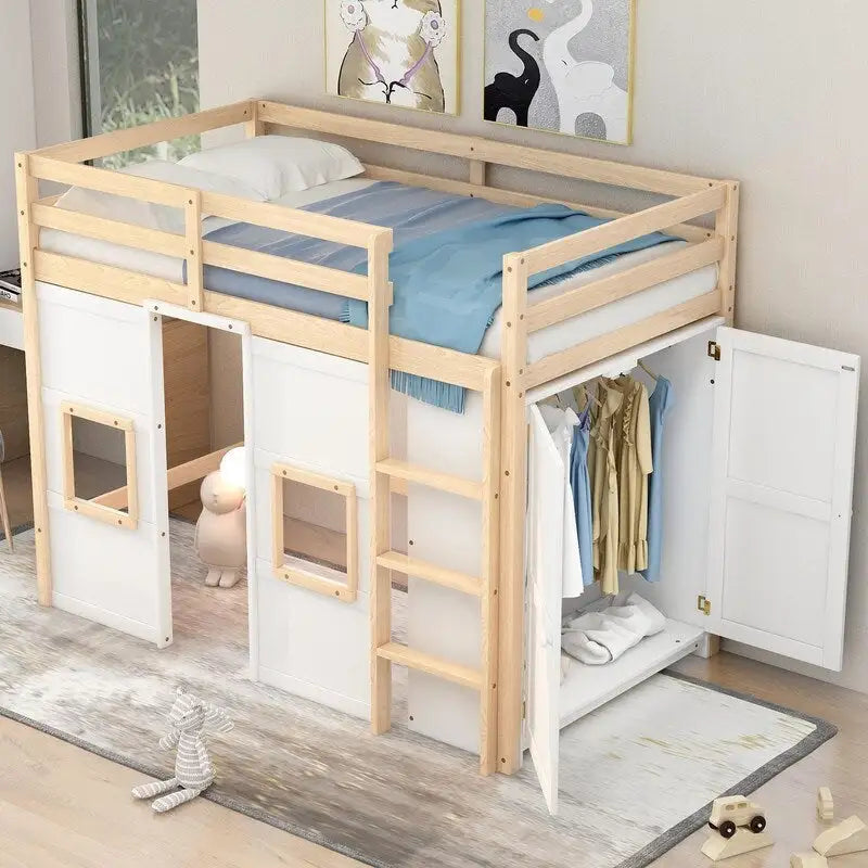 Lit mezzanine double en bois avec armoire de rangement intégrée et 2 fenêtres