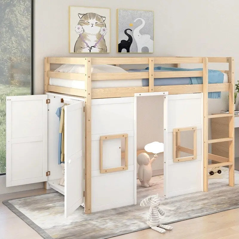 Lit mezzanine double en bois avec armoire de rangement intégrée et 2 fenêtres