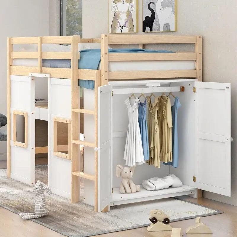 Lit mezzanine double en bois avec armoire de rangement intégrée et 2 fenêtres