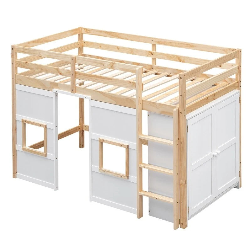 Lit mezzanine double en bois avec armoire de rangement intégrée et 2 fenêtres