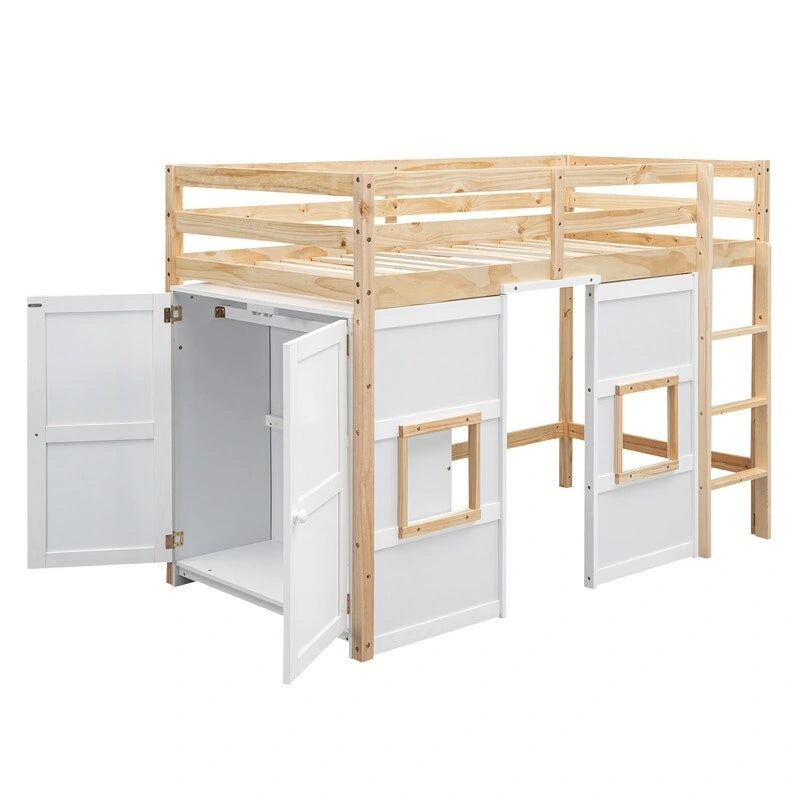 Lit mezzanine double en bois avec armoire de rangement intégrée et 2 fenêtres
