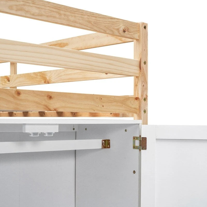 Lit mezzanine double en bois avec armoire de rangement intégrée et 2 fenêtres