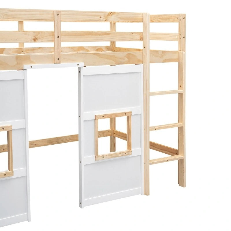 Lit mezzanine double en bois avec armoire de rangement intégrée et 2 fenêtres