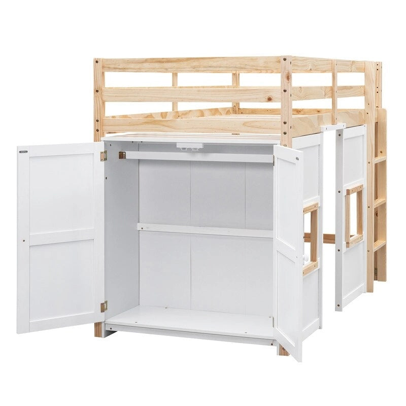 Lit mezzanine double en bois avec armoire de rangement intégrée et 2 fenêtres