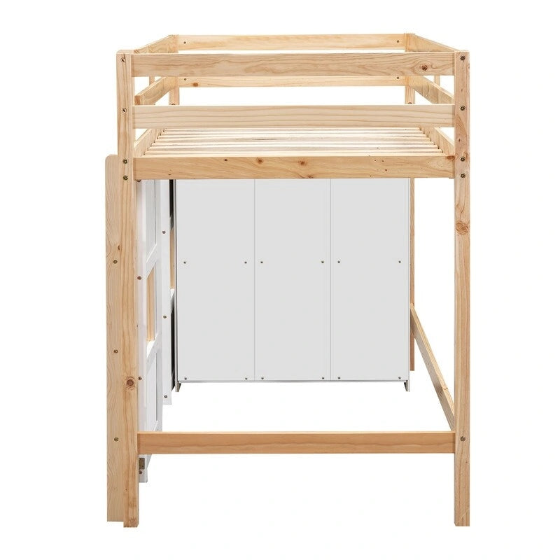 Lit mezzanine double en bois avec armoire de rangement intégrée et 2 fenêtres