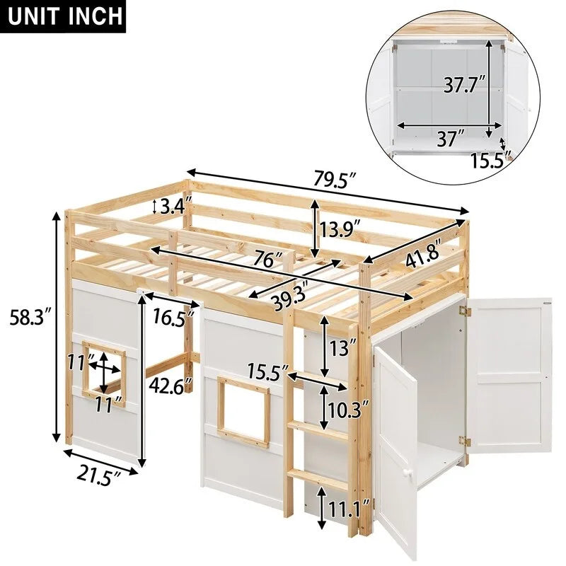 Lit mezzanine double en bois avec armoire de rangement intégrée et 2 fenêtres