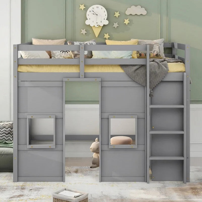 Lit mezzanine double en bois avec armoire de rangement intégrée et 2 fenêtres