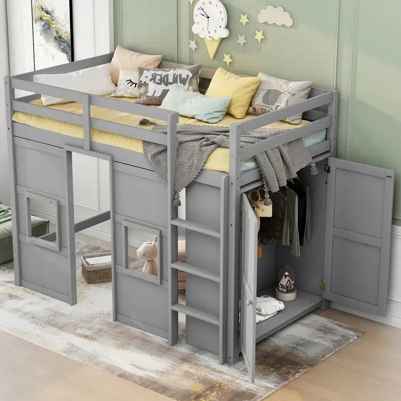 Lit mezzanine double en bois avec armoire de rangement intégrée et 2 fenêtres