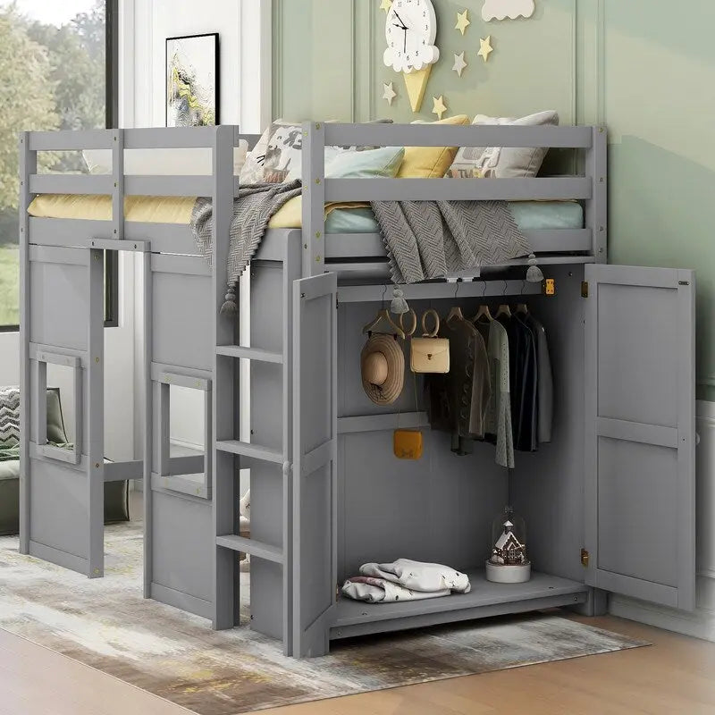 Lit mezzanine double en bois avec armoire de rangement intégrée et 2 fenêtres