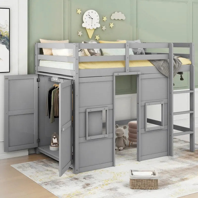 Lit mezzanine double en bois avec armoire de rangement intégrée et 2 fenêtres