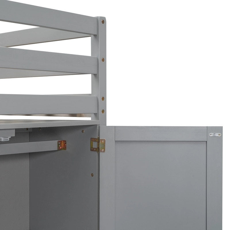 Lit mezzanine double en bois avec armoire de rangement intégrée et 2 fenêtres