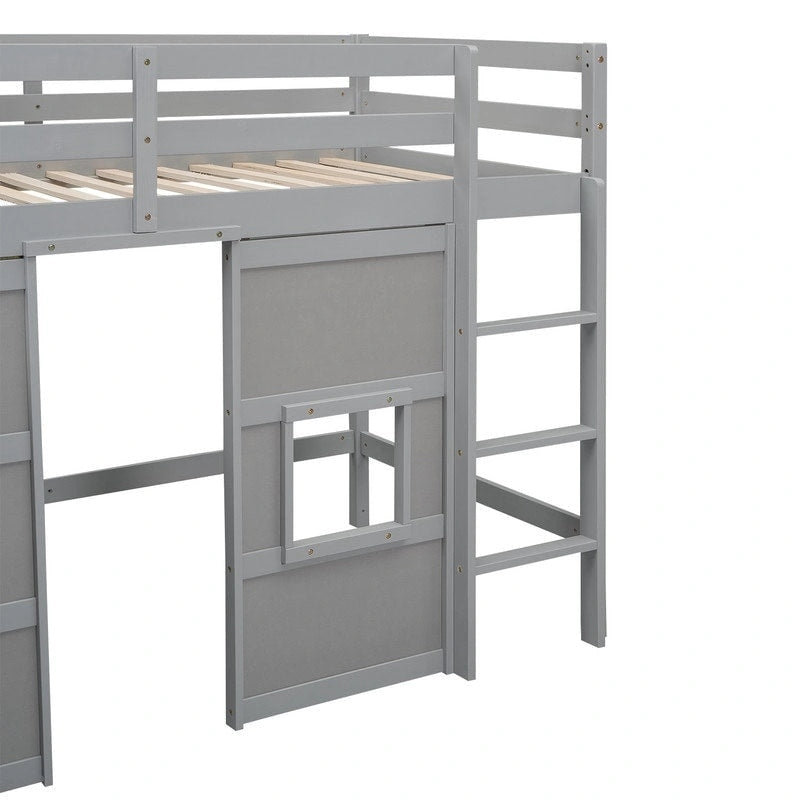 Lit mezzanine double en bois avec armoire de rangement intégrée et 2 fenêtres