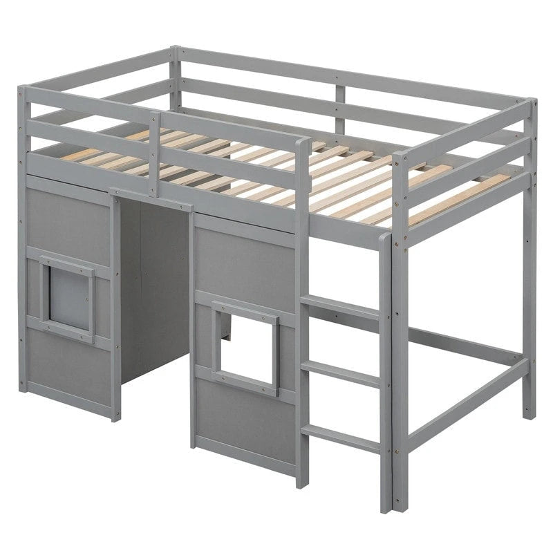 Lit mezzanine double en bois avec armoire de rangement intégrée et 2 fenêtres