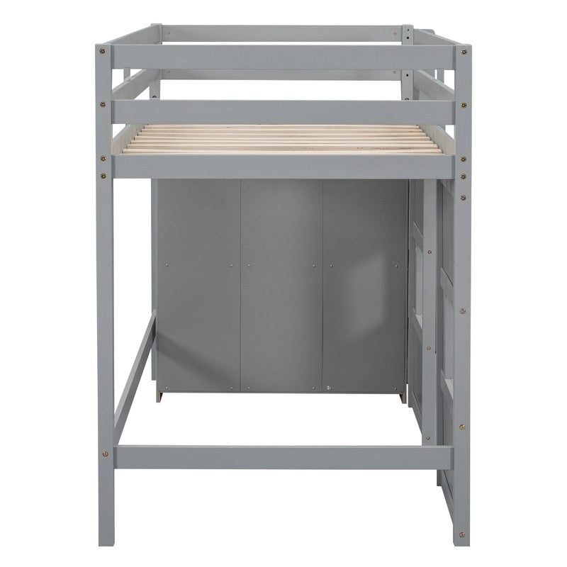 Lit mezzanine double en bois avec armoire de rangement intégrée et 2 fenêtres