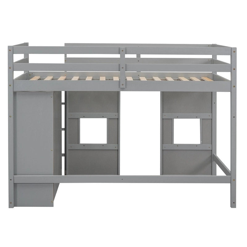 Lit mezzanine double en bois avec armoire de rangement intégrée et 2 fenêtres