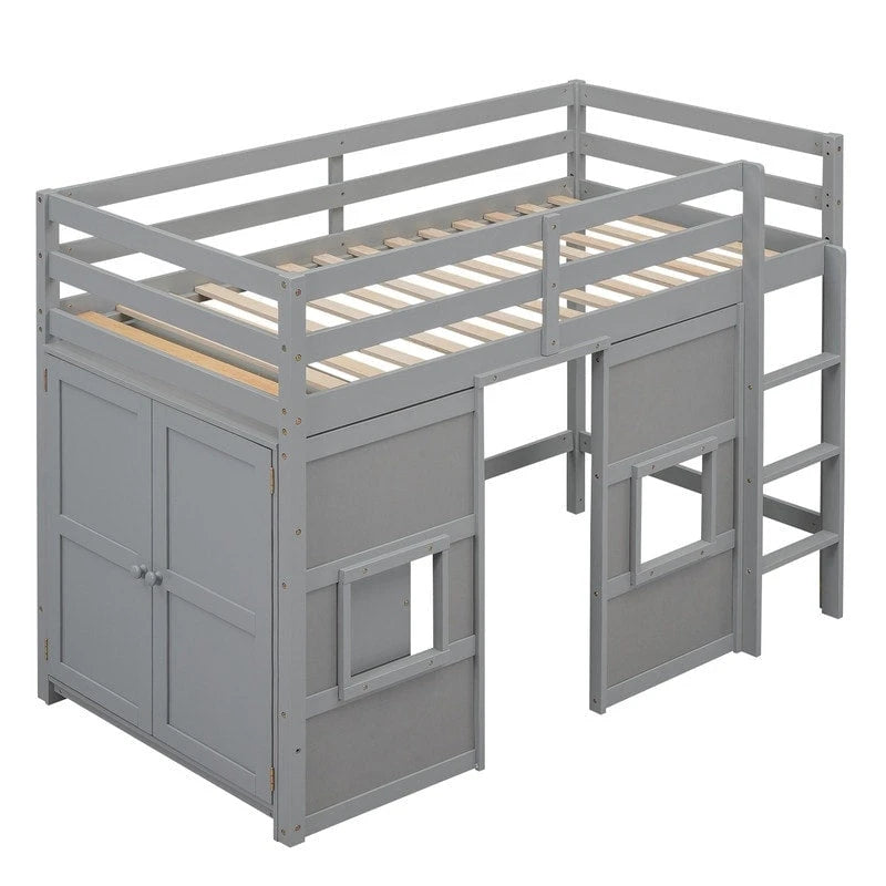 Lit mezzanine double en bois avec armoire de rangement intégrée et 2 fenêtres
