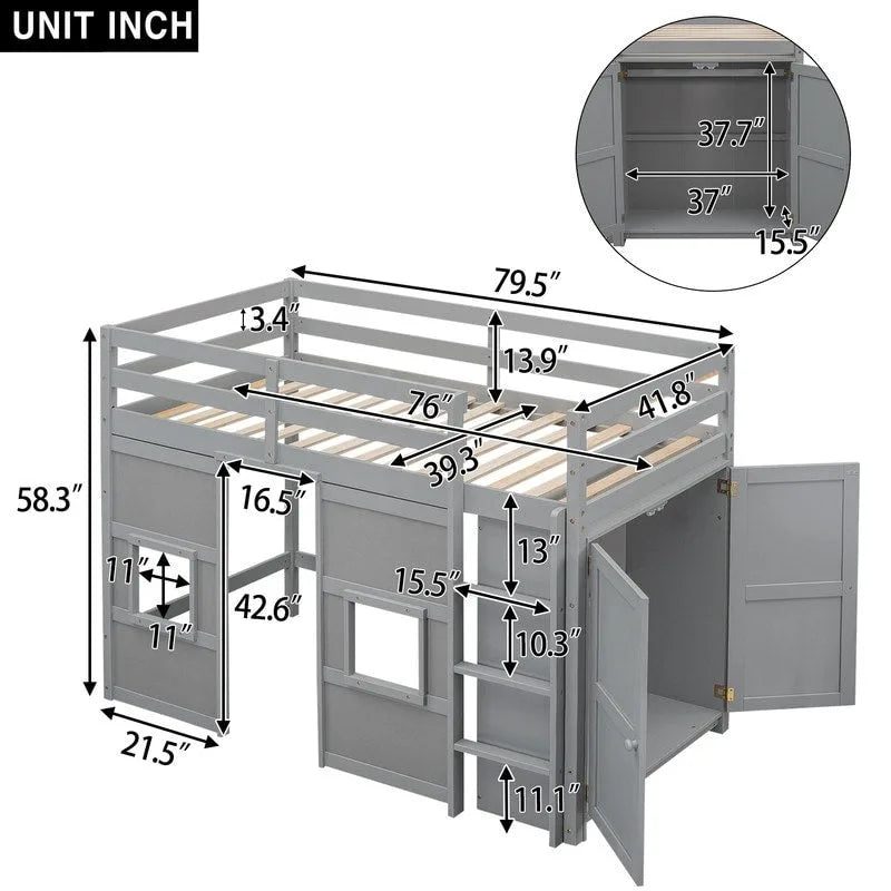 Lit mezzanine double en bois avec armoire de rangement intégrée et 2 fenêtres