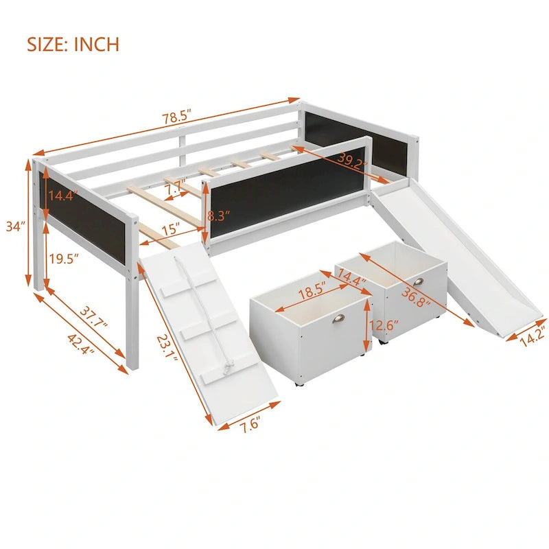 Lit mezzanine simple en bois avec garde-corps, deux boîtes de rangement et tableau double face, cadre d'escalade et corde
