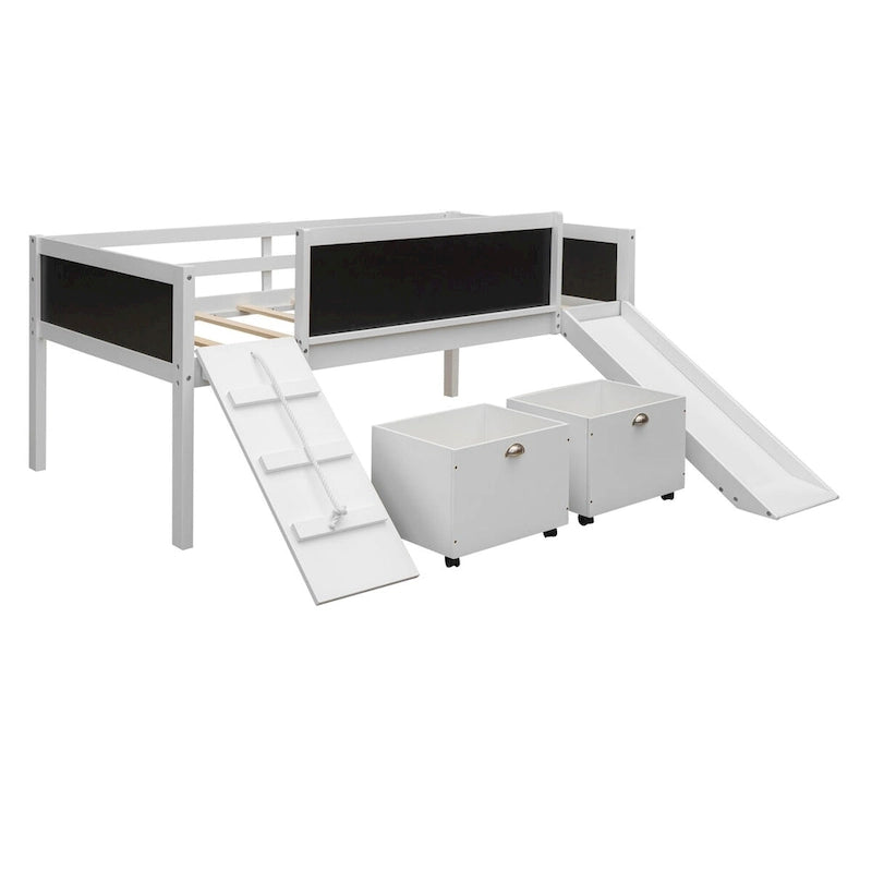 Lit mezzanine simple en bois avec garde-corps, deux boîtes de rangement et tableau double face, cadre d'escalade et corde