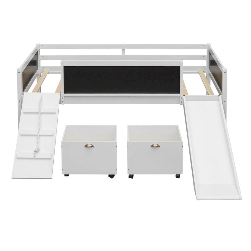 Lit mezzanine simple en bois avec garde-corps, deux boîtes de rangement et tableau double face, cadre d'escalade et corde