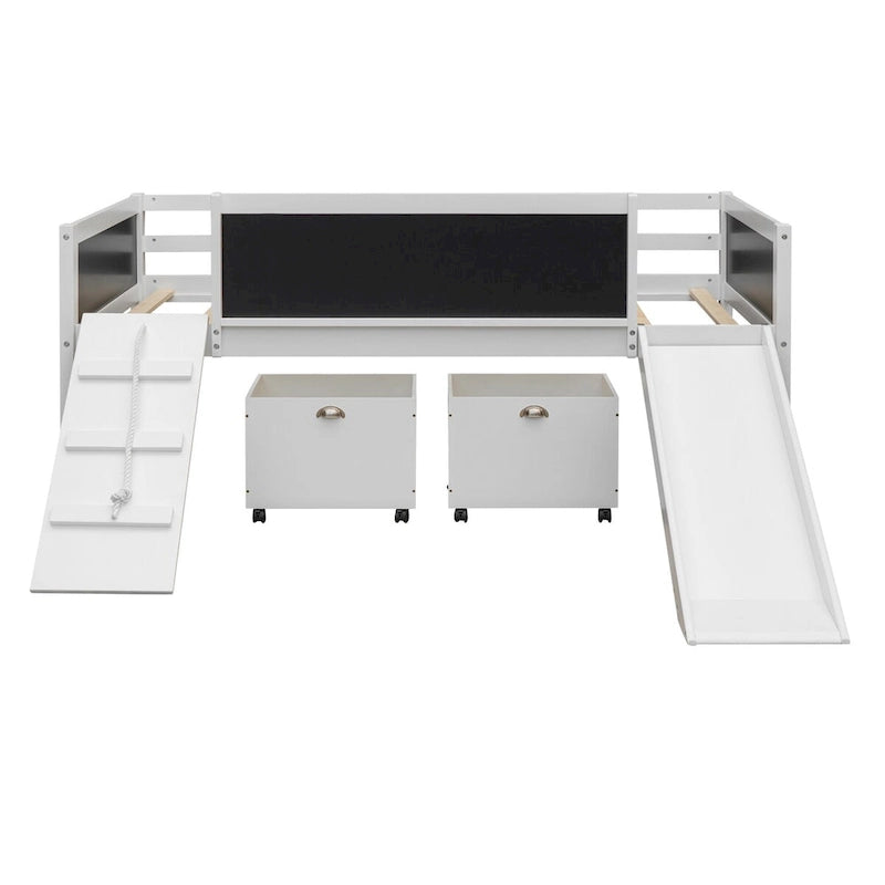 Lit mezzanine simple en bois avec garde-corps, deux boîtes de rangement et tableau double face, cadre d'escalade et corde