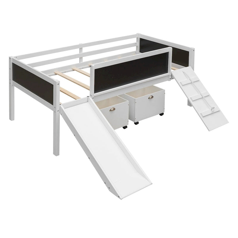 Lit mezzanine simple en bois avec garde-corps, deux boîtes de rangement et tableau double face, cadre d'escalade et corde