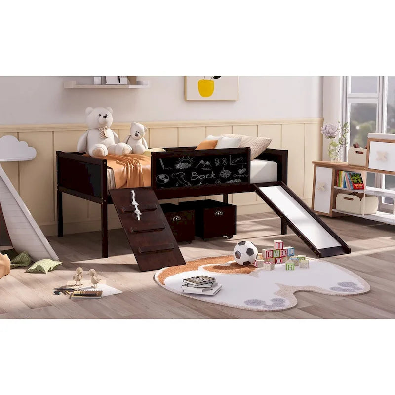Lit mezzanine simple en bois avec garde-corps, deux boîtes de rangement et tableau double face, cadre d'escalade et corde