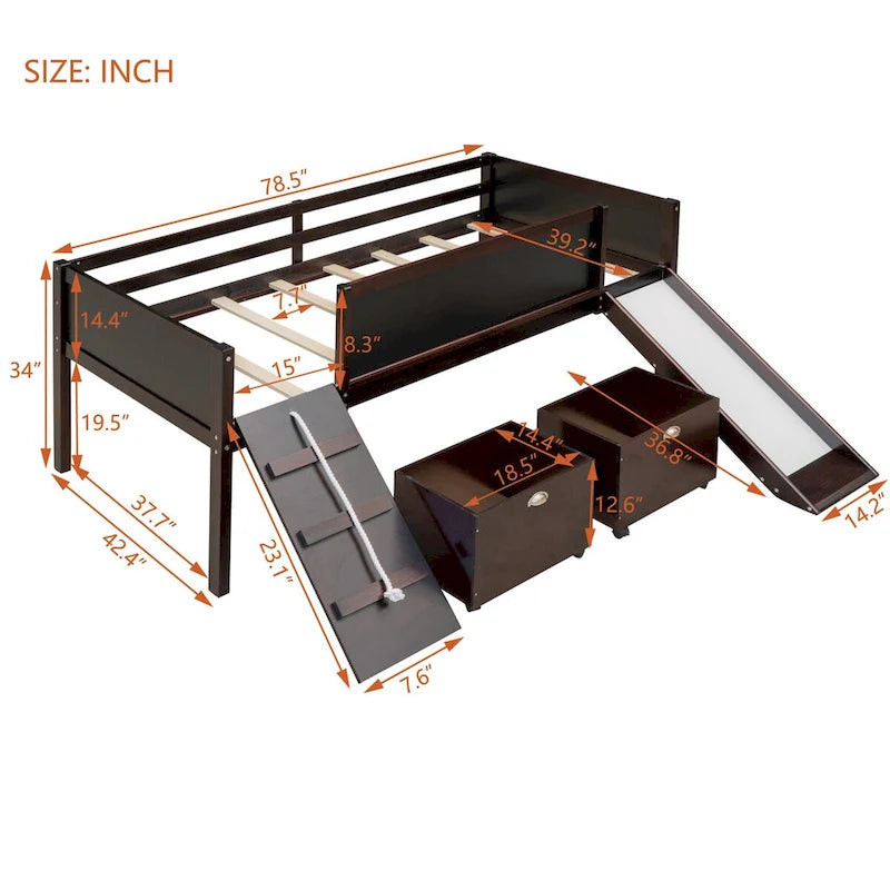 Lit mezzanine simple en bois avec garde-corps, deux boîtes de rangement et tableau double face, cadre d'escalade et corde