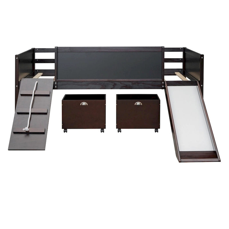 Lit mezzanine simple en bois avec garde-corps, deux boîtes de rangement et tableau double face, cadre d'escalade et corde