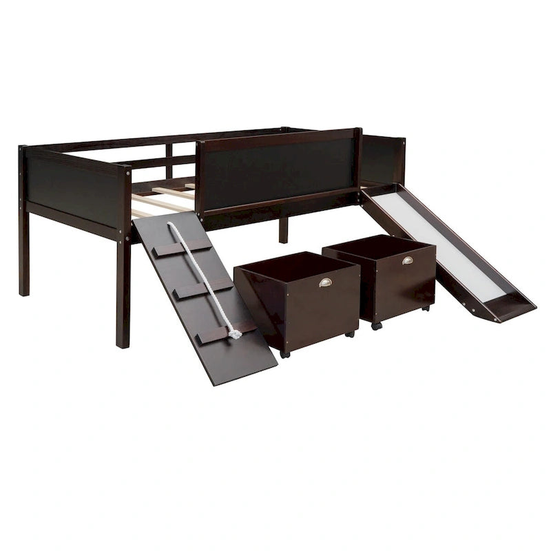 Lit mezzanine simple en bois avec garde-corps, deux boîtes de rangement et tableau double face, cadre d'escalade et corde