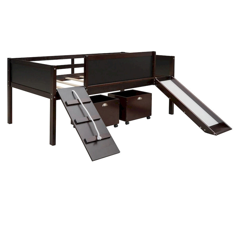 Lit mezzanine simple en bois avec garde-corps, deux boîtes de rangement et tableau double face, cadre d'escalade et corde