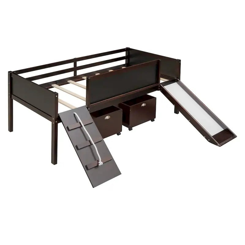 Lit mezzanine simple en bois avec garde-corps, deux boîtes de rangement et tableau double face, cadre d'escalade et corde
