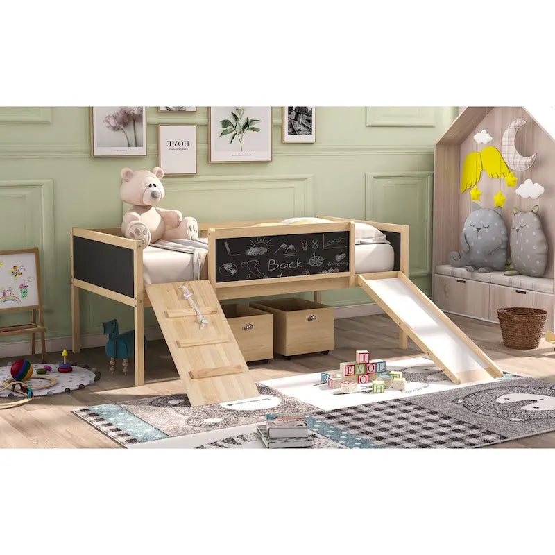 Lit mezzanine simple en bois avec garde-corps, deux boîtes de rangement et tableau double face, cadre d'escalade et corde