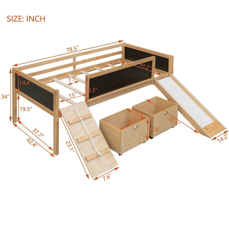 Lit mezzanine simple en bois avec garde-corps, deux boîtes de rangement et tableau double face, cadre d'escalade et corde