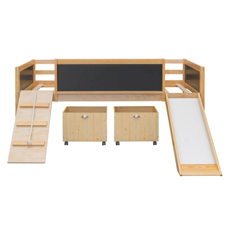 Lit mezzanine simple en bois avec garde-corps, deux boîtes de rangement et tableau double face, cadre d'escalade et corde