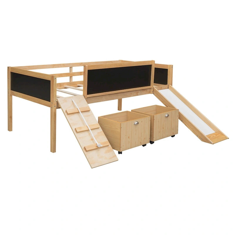Lit mezzanine simple en bois avec garde-corps, deux boîtes de rangement et tableau double face, cadre d'escalade et corde