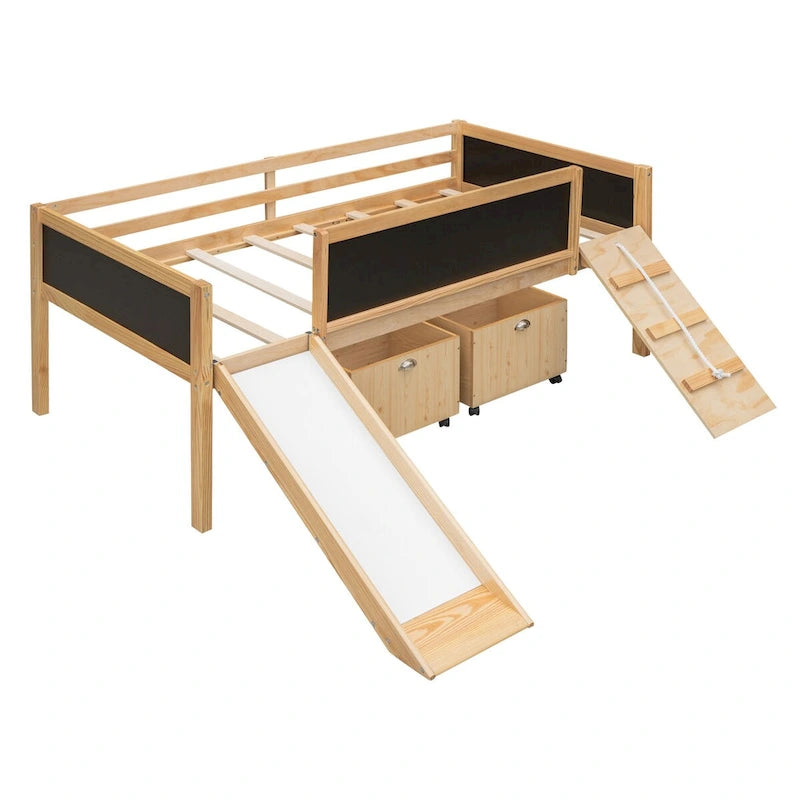 Lit mezzanine simple en bois avec garde-corps, deux boîtes de rangement et tableau double face, cadre d'escalade et corde