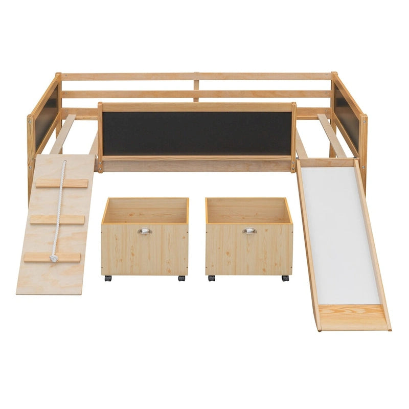 Lit mezzanine simple en bois avec garde-corps, deux boîtes de rangement et tableau double face, cadre d'escalade et corde