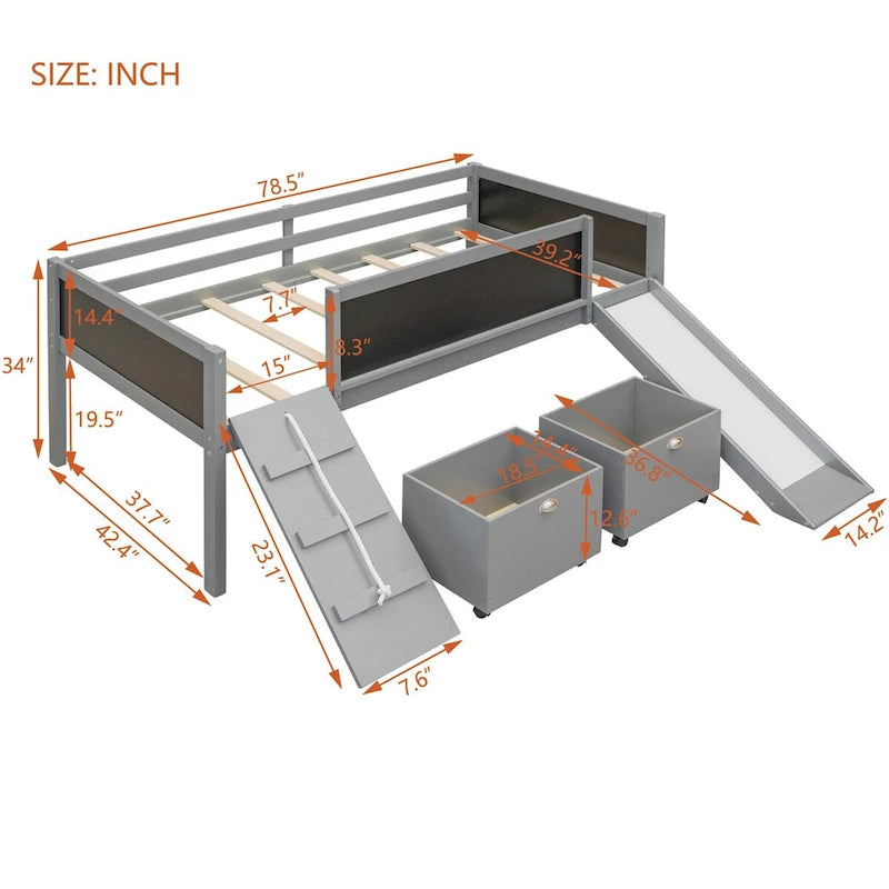 Lit mezzanine simple en bois avec garde-corps, deux boîtes de rangement et tableau double face, cadre d'escalade et corde