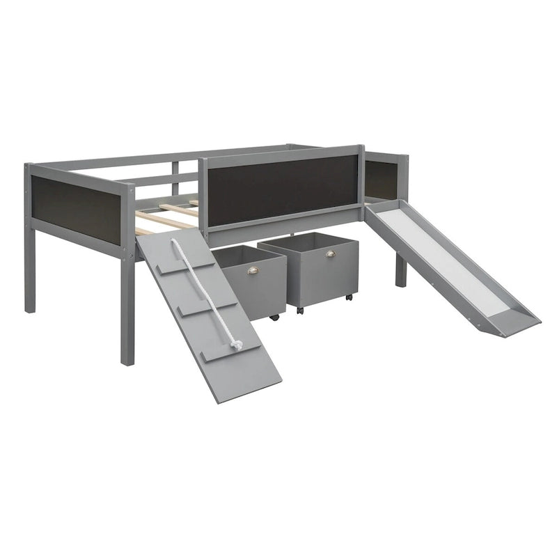 Lit mezzanine simple en bois avec garde-corps, deux boîtes de rangement et tableau double face, cadre d'escalade et corde