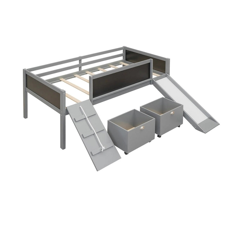 Lit mezzanine simple en bois avec garde-corps, deux boîtes de rangement et tableau double face, cadre d'escalade et corde