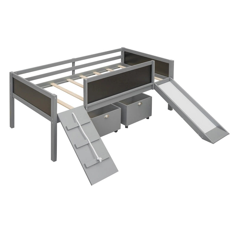 Lit mezzanine simple en bois avec garde-corps, deux boîtes de rangement et tableau double face, cadre d'escalade et corde