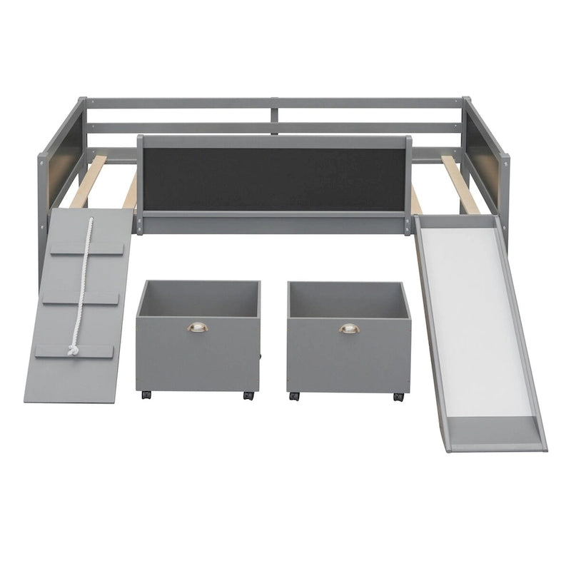 Lit mezzanine simple en bois avec garde-corps, deux boîtes de rangement et tableau double face, cadre d'escalade et corde