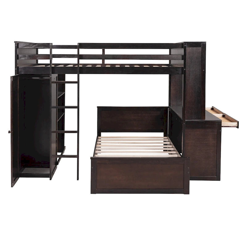 Lit mezzanine pleine grandeur avec un lit indépendant simple, des étagères, un bureau et une armoire