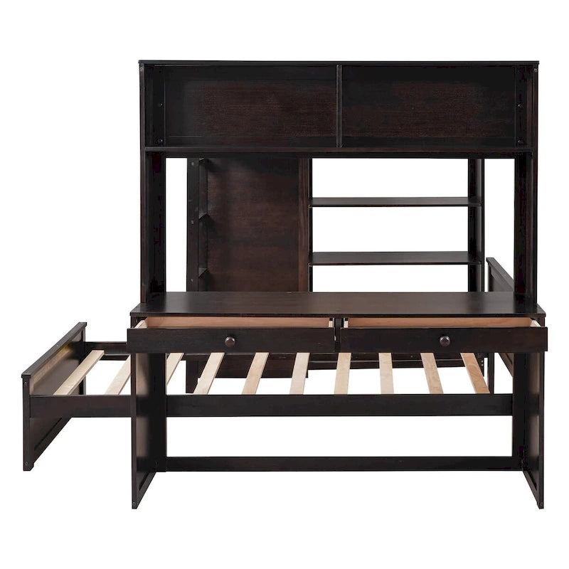 Lit mezzanine pleine grandeur avec un lit indépendant simple, des étagères, un bureau et une armoire