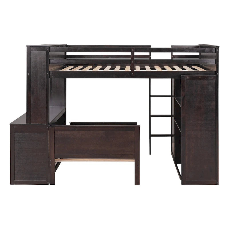 Lit mezzanine pleine grandeur avec un lit indépendant simple, des étagères, un bureau et une armoire